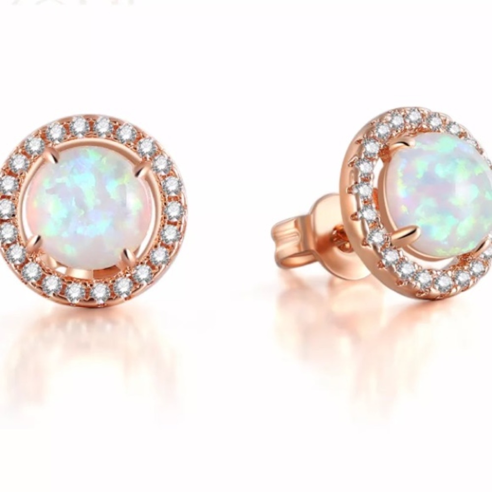 Rose Gold Round White Opal Halo Stud Earrings - Picture 2 of 6